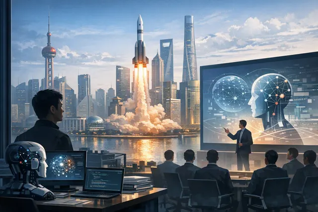 Editorial illustration of an AI researcher leading a new company focused on digital and physical agents