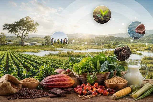 Illustration representing regenerative agriculture with crops, soil health, water, and biodiversity themes