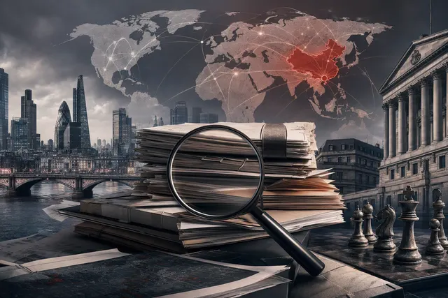 Editorial illustration representing ICBC’s London banking operations and scrutiny over geopolitical finance