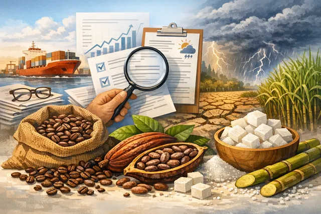 An illustration of coffee beans, cocoa pods, and sugarcane stalks against a tropical backdrop with storm clouds and a thermometer, representing the impact of a Super El Niño on sof