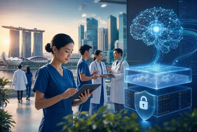 Illustration of artificial intelligence being used in a hospital care setting