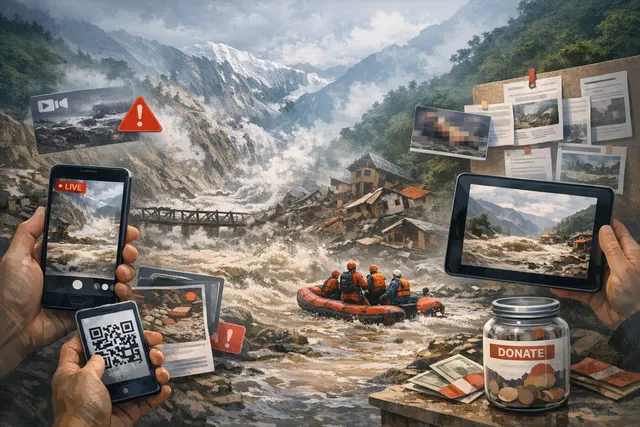 AI-generated illustration of flood misinformation spreading during the Nepal-Tibet disaster