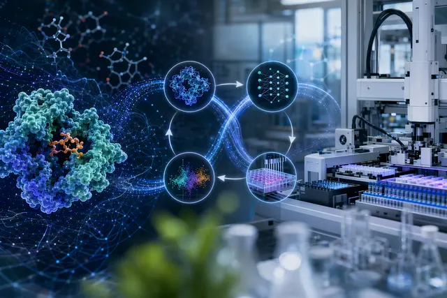Concept illustration of AI-driven enzyme engineering combining quantum simulations, machine learning models, and automated lab experimentation