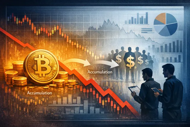 Conceptual illustration of a volatile Bitcoin market shifting from accumulation to distribution phase