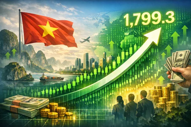 A visual representation of Vietnam's stock market surge, showing the VN-Index chart rising against a backdrop of global markets rallying, with symbols representing oil, trade, and