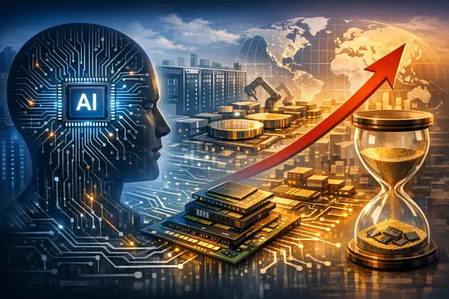 Editorial illustration of an AI data center and high-bandwidth memory chips representing SK hynix’s projected shortage through 2030