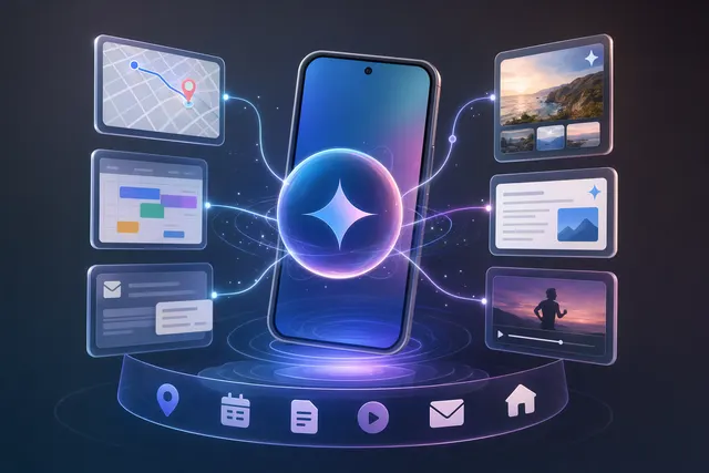 Concept illustration of Gemini Intelligence powering Android devices and acting as a cross‑app AI agent