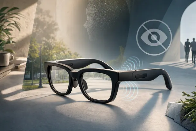 Editorial illustration of camera-free AI smart glasses and the privacy debate around wearable cameras