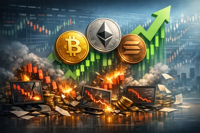 Editorial illustration of a crypto futures liquidation wave and short squeeze