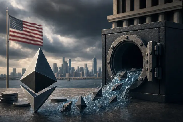 Editorial illustration representing Ether ETF outflows and cryptocurrency market volatility