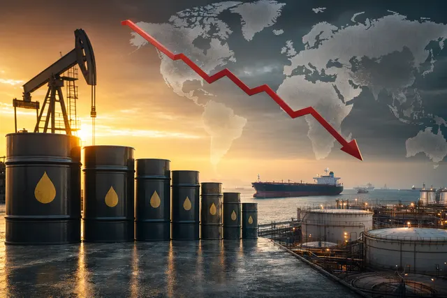 Editorial illustration of global oil supply routes and declining oil inventory levels linked to disruptions near the Strait of Hormuz