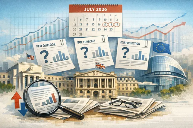 Editorial illustration of central bank interest rate decisions, oil price chart, and global economic indicators for July 2026