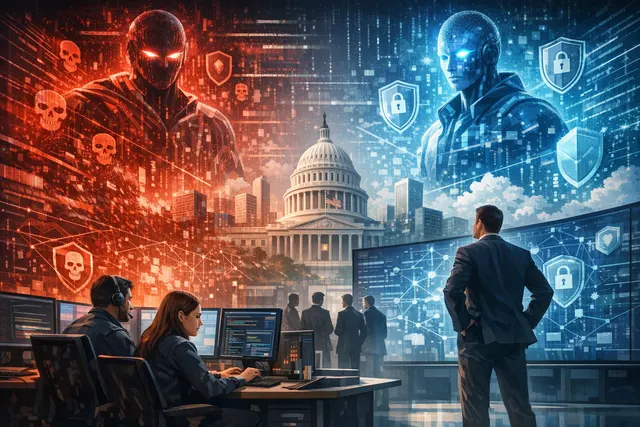 Cybersecurity professional interfacing with AI-driven defense systems in 2026, showing threat landscapes and automated vulnerability scanning
