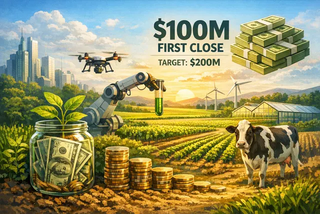Abstract illustration representing AI-driven innovation in modern agriculture and food distribution, with digital nodes over farmland and supply chain graphics.