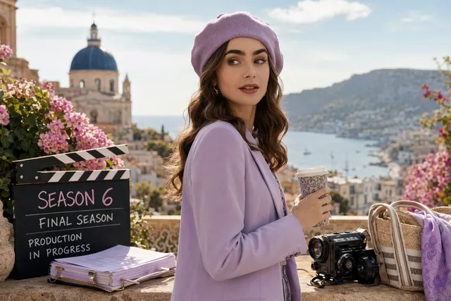 Editorial illustration representing the final season of Emily in Paris filming across Europe