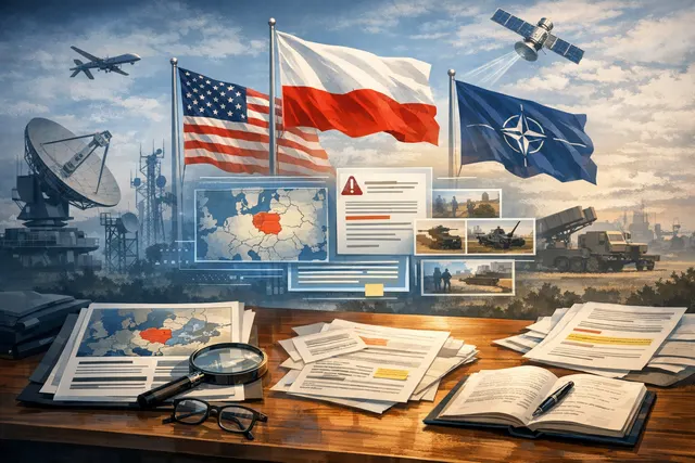 A stylized map of Eastern Europe with Poland highlighted, showing a Russian flag and missile icons near the border, representing the US intelligence warning of a planned armed prov