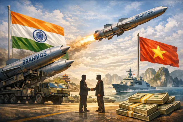 Map of Southeast Asia with strategic BrahMos missile deals highlighted between India, Vietnam, and Indonesia, with naval assets in the South China Sea.
