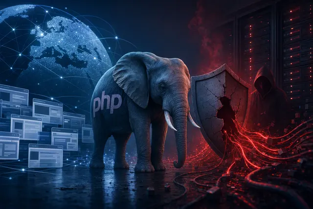 Editorial illustration of PHP code and a server security alert