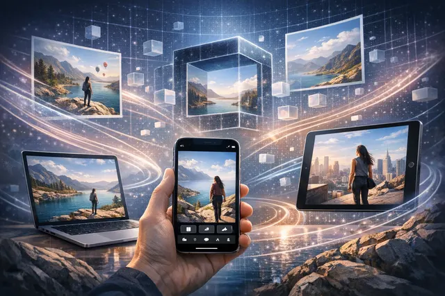 An iPhone displaying an Apple Intelligence-powered Spatial Reframing edit in the Photos app