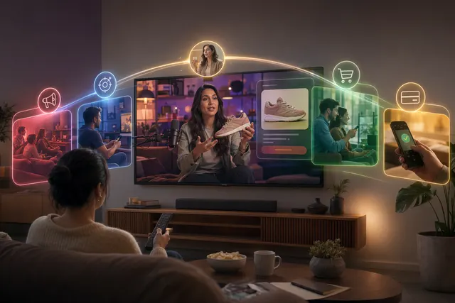 Concept illustration of YouTube connected TV ads enabling instant checkout and shoppable video experiences