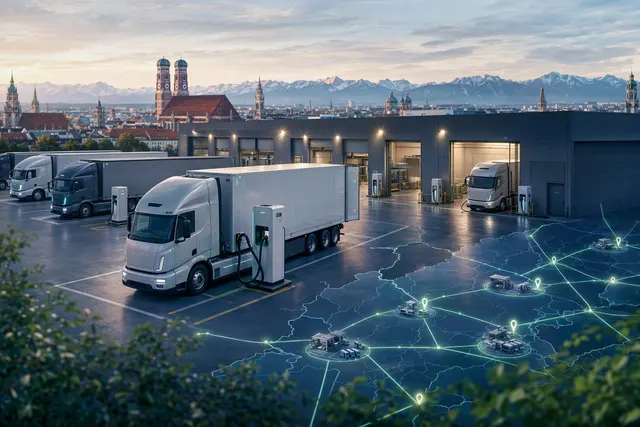 Illustration of electric truck charging at a logistics depot for a shared charging network