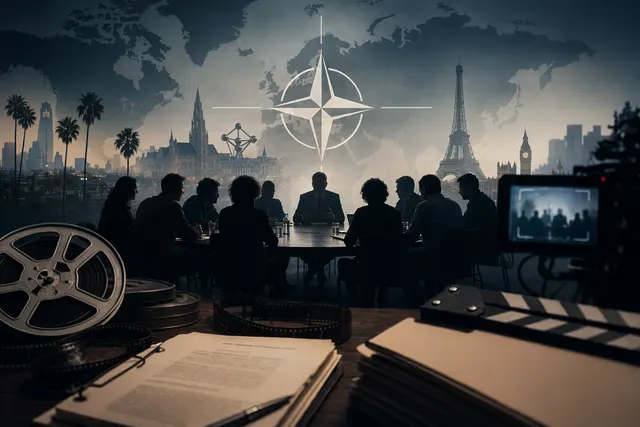 映画制作の現場とNATOを象徴する旗を組み合わせた編集イメージ