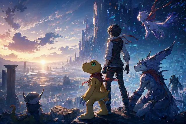 Illustrated Digimon-themed hero image for Digimon Story: Time Stranger: A Hero’s Eternal Legacy