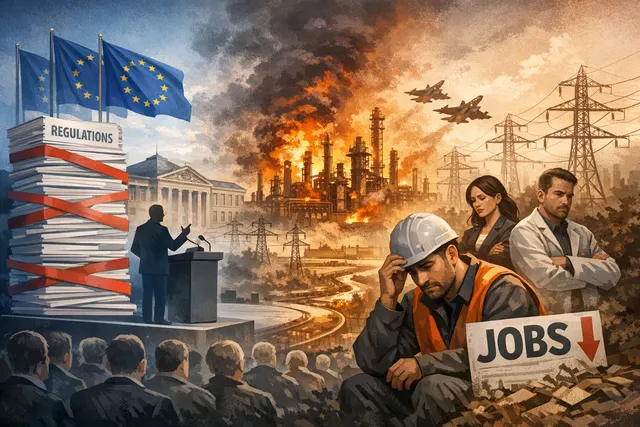 ABB CEO Morten Wierod speaking at a podium with European Union flags behind him, overlaid with a warning symbol and charts showing rising energy prices and job loss projections