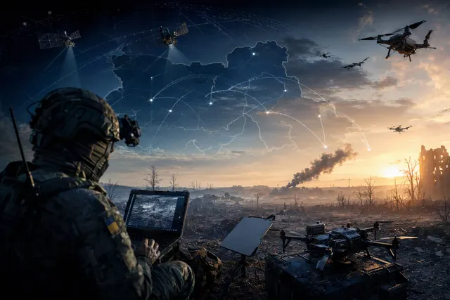 AI-generated illustration representing satellite communications and military drone operations in Ukraine.