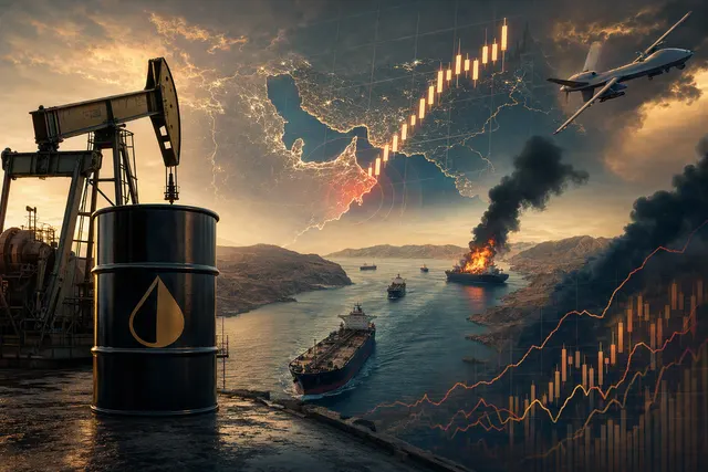 Editorial illustration of an oil-market shock and global financial-market volatility