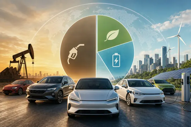Editorial illustration representing the shift from gasoline-only cars toward hybrids and electric vehicles