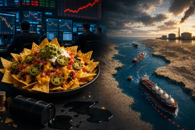 AI-generated editorial illustration symbolizing oil-market risk around the Strait of Hormuz and the NACHO trade.