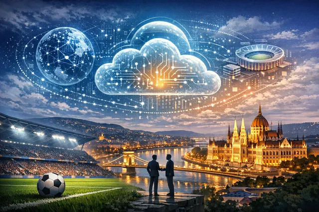 Alibaba and UEFA AI partnership concept showing a football stadium with 360-degree replay technology visualization