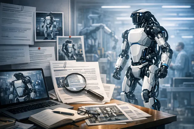 Boston Dynamics' new all-electric Atlas humanoid robot in an industrial setting, with AI and data visualization overlays.