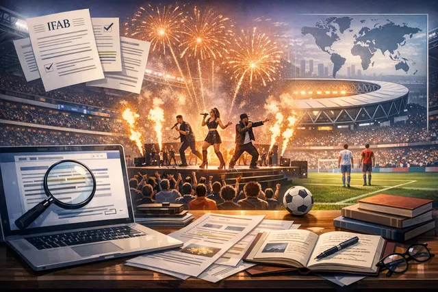 A conceptual image of the 2026 FIFA World Cup final halftime show stage at MetLife Stadium, with silhouettes of performers and a large crowd under stadium lights.