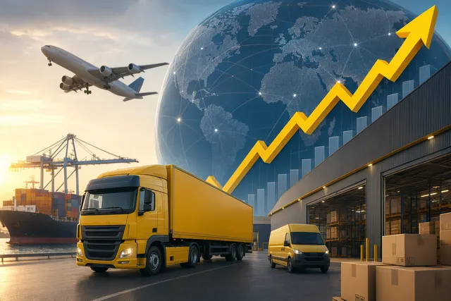 Illustration of DHL logistics network with AI and global shipping routes