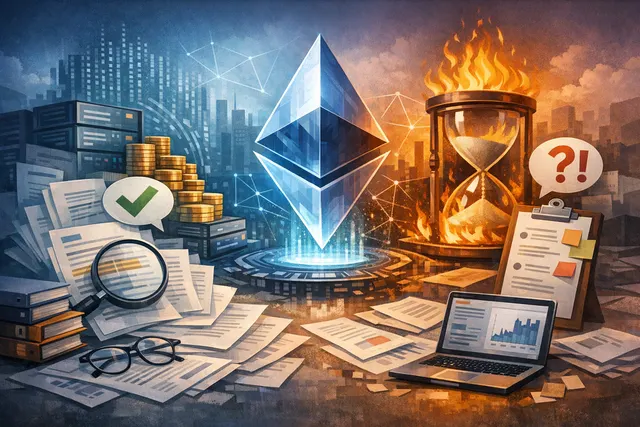 Conceptual image illustrating the debate over Ethereum core development funding, featuring the Ethereum logo.