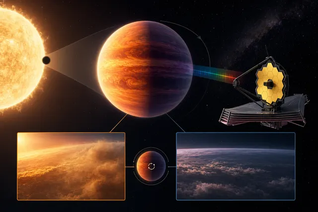 Illustration of hot Jupiter WASP‑94A b showing sand‑like clouds forming on the morning side and clearing on the evening side