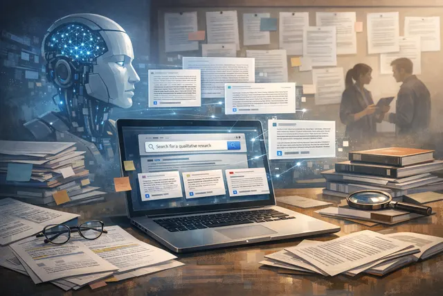 AI-generated visualization of AI search engines for qualitative research, showing Perplexity, Consensus, and other tools with source citations