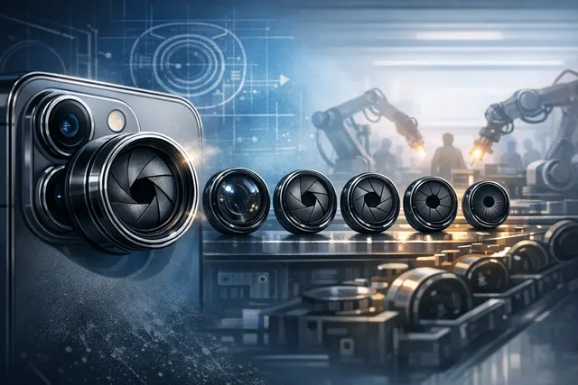 A conceptual editorial image of the iPhone 18 Pro's variable aperture main camera lens, illustrating the mechanical diaphragm opening and closing like a DSLR lens.