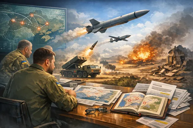 President Volodymyr Zelenskyy speaking at a press conference with military officials, representing Ukraine's long-range strike strategy and the approval of updated target lists in