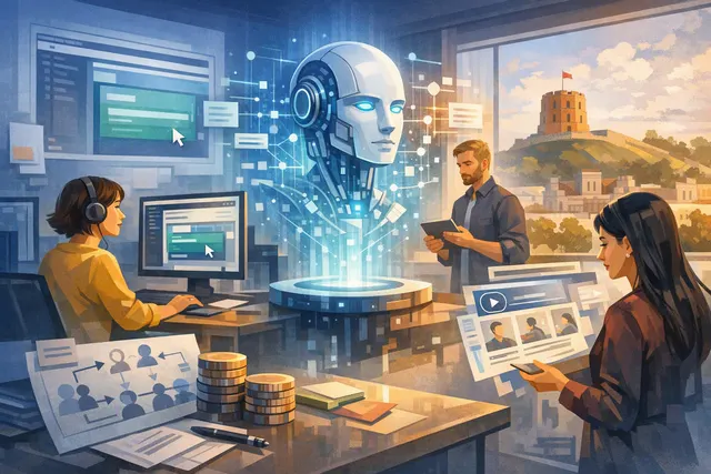 Abstract editorial illustration of AI converting a workplace software workflow into an editable training guide