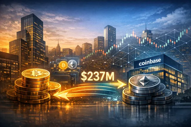 Digital visualization of BlackRock's $237 million Bitcoin and Ethereum transfer to Coinbase Prime, representing ETF redemption settlement activity in May 2026