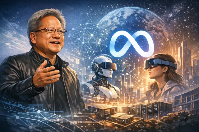 Jensen Huang on stage at Computex 2026 with a display showing Meta AI advertising growth graphs, RTX Spark chip architecture, and the S&P 500 index hitting a record high.