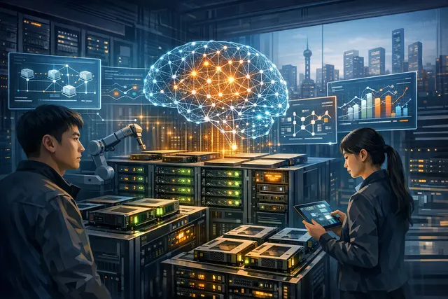 Abstract editorial illustration of Chinese AI infrastructure balancing Nvidia GPUs with domestic processors