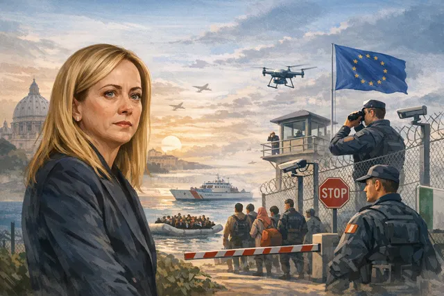 Italian Prime Minister Giorgia Meloni during an EU press conference addressing border security amid the Ebola outbreak