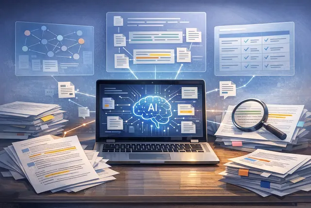 A stylized depiction of AI tools analyzing multiple research papers, representing cross-paper synthesis technology.