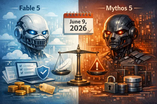 A stylized split-comparison graphic showing two identical AI cores, one wrapped in a safety shield and labeled for public access, the other unlocked and labeled for restricted gove