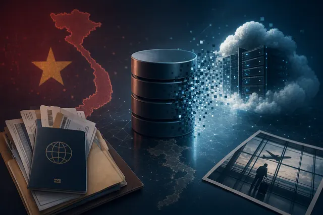 Editorial illustration of an exposed airline passenger database and passport travel data