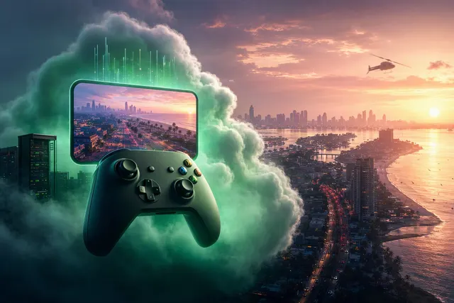 Editorial illustration about the reported GTA VI cloud-streaming plans and Xbox’s response